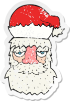 retro distressed sticker of a cartoon tired santa claus face png