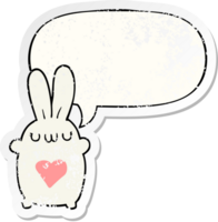 cute cartoon rabbit and love heart and speech bubble distressed sticker png