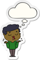 cartoon man talking and shrugging shoulders and thought bubble as a printed sticker png