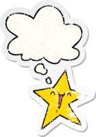 happy cartoon star and thought bubble as a distressed worn sticker png