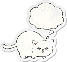 chat en colère de dessin animé et bulle de pensée comme un autocollant usé en détresse png