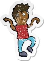 retro distressed sticker of a cartoon happy man doing funny dance png