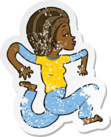 retro distressed sticker of a cartoon woman running png