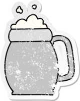 distressed sticker of a quirky hand drawn cartoon pint of beer png