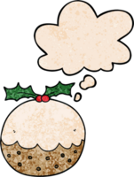 pudín de navidad de dibujos animados y burbuja de pensamiento en estilo de patrón de textura grunge png