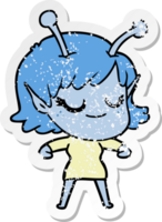 distressed sticker of a smiling alien girl cartoon png