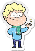 distressed sticker of a cartoon happy man png