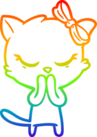 Regenbogen-Gradientenlinie zeichnet niedliche Cartoon-Katze mit Schleife png