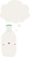 linda botella de leche de dibujos animados y burbuja de pensamiento en estilo retro png