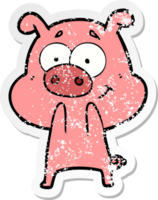 distressed sticker of a happy cartoon pig png