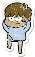 distressed sticker of a annoyed cartoon boy png