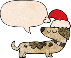 cartoon dog wearing christmas hat and speech bubble in retro texture style png