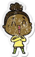 distressed sticker of a cartoon happy old lady png