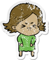 distressed sticker of a cartoon angry girl png