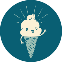 icon of tattoo style ice cream character waving png