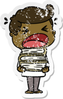 distressed sticker of a cartoon shouting man with stack of books png