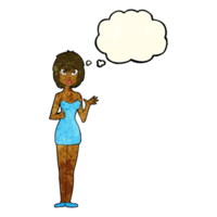 cartoon confused woman in cocktail dress with thought bubble png