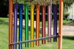 Items for games and sports on the playground in the city park. photo