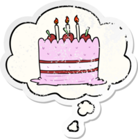 cartoon cake and thought bubble as a distressed worn sticker png