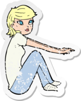 retro distressed sticker of a cartoon pretty girl sitting png