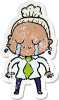 distressed sticker of a cartoon crying old lady png