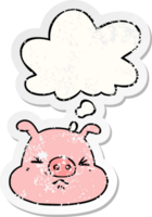 cartoon angry pig face and thought bubble as a distressed worn sticker png