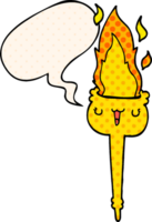 cartoon flaming torch and speech bubble in comic book style png