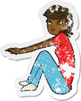 retro distressed sticker of a cartoon pretty girl sitting png