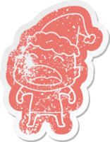 cartoon distressed sticker of a shouting bald man wearing santa hat png