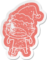 adesivo angustiado de desenho animado de um careca gritando usando chapéu de papai noel png