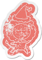 cartoon distressed sticker of a bored lion wearing santa hat png