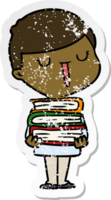 distressed sticker of a cartoon happy boy with stack of books png