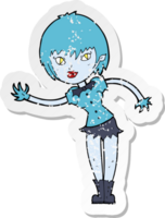 retro distressed sticker of a cartoon vampire girl welcoming png