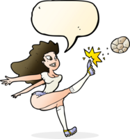 caricatura, jugador de fútbol femenino, patear, pelota, con, burbuja del discurso png