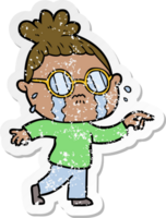 distressed sticker of a cartoon crying woman wearing spectacles png