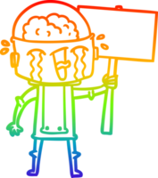 rainbow gradient line drawing cartoon crying robot waving sign png