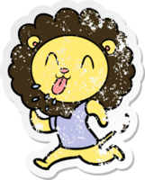 distressed sticker of a happy cartoon lion png