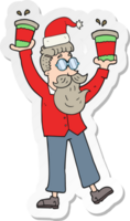 sticker of a cartoon man with coffee cups at christmas png