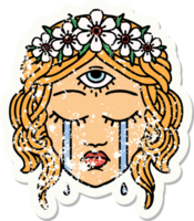 traditionell bedrövad klistermärke tatuering av kvinna ansikte med tredje öga gråt png