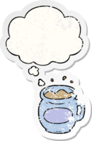 cartoon coffee cup and thought bubble as a distressed worn sticker png