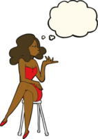 cartone animato donna seduta su bar sgabello con pensato bolla png