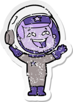 distressed sticker of a cartoon laughing astronaut png