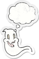 fantasma espeluznante de dibujos animados y burbuja de pensamiento como una pegatina gastada angustiada png