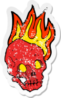 pegatina retro angustiada de un cráneo en llamas de dibujos animados png
