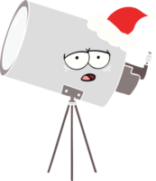 flat color illustration of a bored telescope with face wearing santa hat png