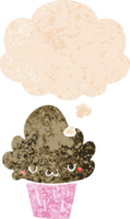 cartoon cupcake with face and thought bubble in retro textured style png