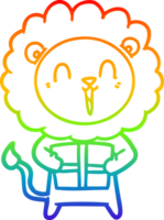 rainbow gradient line drawing laughing lion cartoon with christmas present png