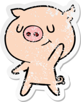 distressed sticker of a happy cartoon pig waving png