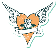 ícone de estilo de tatuagem de adesivo angustiado de um coração voador com flores e banner png