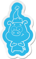 happy cartoon  sticker of a pig wearing santa hat png